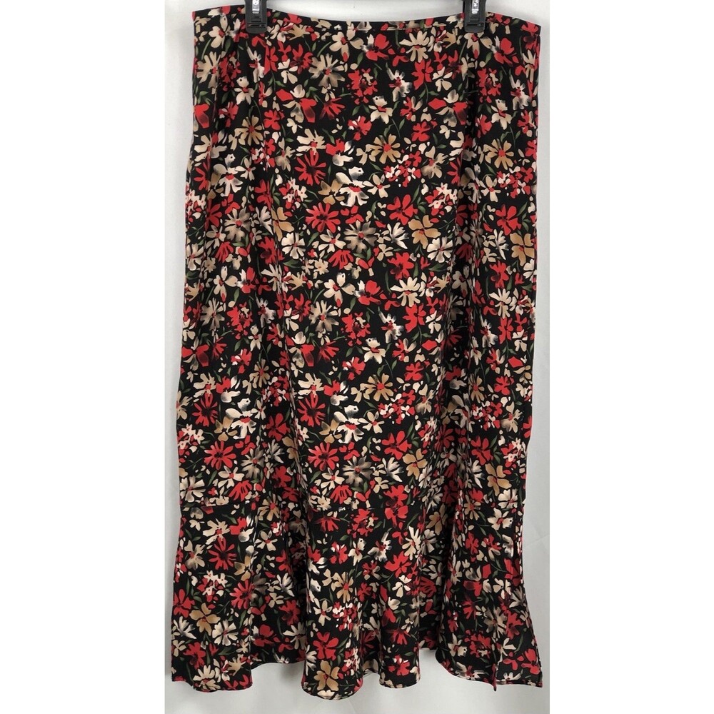 Vintage Sag Harbor Midi Skirt 18 Blk Red Floral 36"W Ruffle Hem Slits boho Y2K
